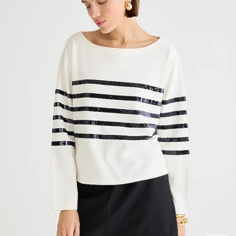 J. Crew Factory White Boatneck Sweater with Black Sequin Stripes